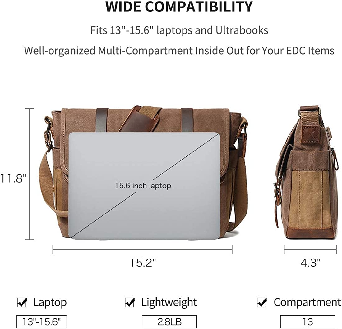 Messenger Bag for Men 15.6 Inch Canvas Laptop Computer Bag Leather Briefcase - Image 2
